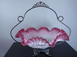 c1890 Northwood Cranberry Opalescent Poinsettia Brides Basket/Bowl - £209.66 GBP