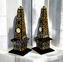 12&quot; Black Marble Obelisk Set 2 ps Handmade Pietradura Inlay Stone Garden Decor - £579.56 GBP