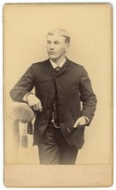 Antique CDV Circa 1870&#39;S Handsome Young Man Wearing Stylish Suit &amp; Pocket Chain - £7.21 GBP