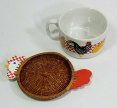 2 Pc Avon Rooster and Hen Soup Mug and Wicker Chicken Shaped Coaster - £5.90 GBP
