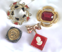 VTG Brooch Pin Set 4 Cameo Gold Tone Button Cover Red Glass Cottagecore - £25.92 GBP