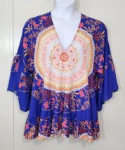 Umgee Top Blouse Tunic Womens Small Blue V-Neck Bell Sleeve Boho Blue Me... - $26.99