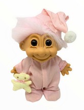 Vintage Russ  7&quot; Sleepy Time Troll Doll  Pink Pajamas w/ Nightcap &amp; Teddy Bear - £22.93 GBP