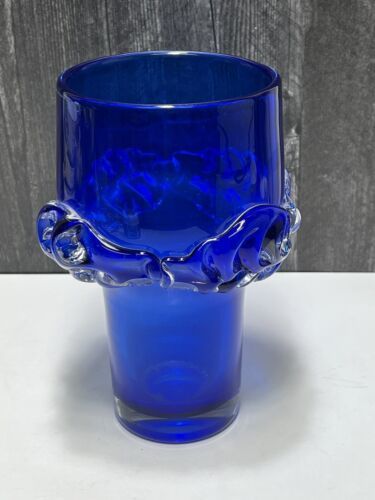 Primary image for Swedish Art Glass Vase Bengt Orup for Johansfors Cobalt Blue Applied Design MCM