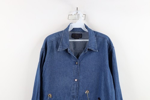 Vtg 90s Streetwear Womens 1X Distressed Embroidered Flower Denim Button Shirt Item image 2