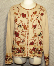 Women&#39;s David Hollis Snap Up Heavy Knit Cardigan Fall Leaves Embroidered... - £24.91 GBP