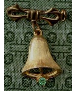 Nice Gold Tone Christmas Bell Lapel Pin, Pretty Light Green Stone, Festi... - £7.00 GBP