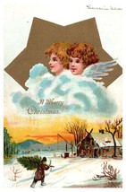 Postcard UDB Merry Christmas Man Carries Tree Home Angel Cherubs Watching 1907 - £14.24 GBP