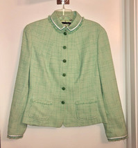 Elie Tahari Green Tweed Coco-esque Lightweight Spring Blazer Jacket Pockets - £34.74 GBP