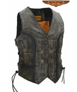 Womens Distressed Brown Leather Vest Concealed Pockets Side Laces Adjust... - $98.77 CAD+
