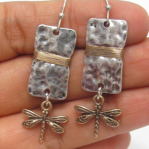 Hammered Bar and Dragonfly Dangle Earrings Silver and Gold - £9.68 GBP