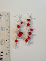 Strawberries &amp; Cream Red and Pearl Tone Beaded Dangling Pierced Earrings - £15.79 GBP