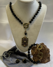 Heidi Daus Jewelry Set Black Beads Rainbow Stones Necklace Earrings Bracelet - £112.41 GBP