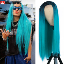 Blue Long Straight Synthetic Wig Ombre Hair For Women Middle Part Hair Heat - £39.11 GBP