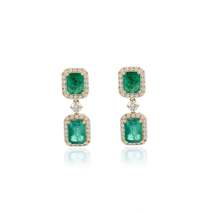 3.77 Ct Real Emerald and Halo Diamond 18k Yellow Gold Dangle Earrings - £2,512.70 GBP