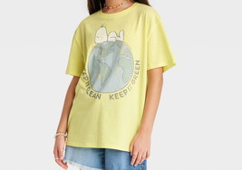 NEW Girls Snoopy Clean Green Earth Tee sz M-XL yellow graphic t-shirt shortslv - £6.28 GBP