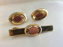 Vtg Anson Gold Tone Italian Gold Stone Cuff Links &amp; Tie Bar Clasp Pin Set - £23.28 GBP