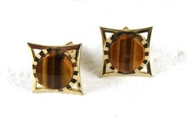 1960's Goldtone Tiger Eye Cufflinks by an S within a 5 sided Shield 3116 - $24.74