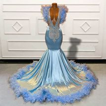 Feather Luxury Prom Dresses Blue Custom Diamonds Rhinestones Modest Even... - £236.25 GBP