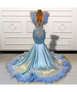 Feather Luxury Prom Dresses Blue Custom Diamonds Rhinestones Modest Even... - £236.94 GBP