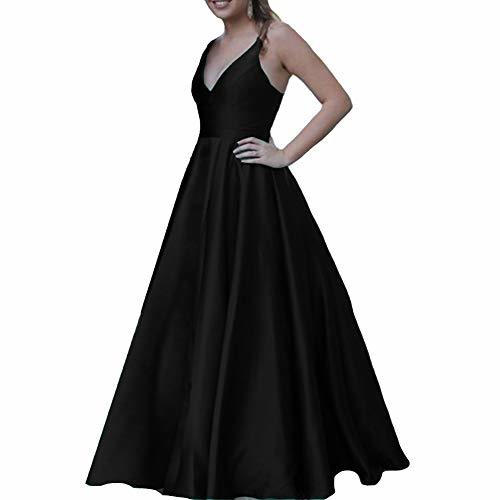 Women V Neck Spaghetti Straps Formal Long Maxi Evening Prom Dresses Black US 6