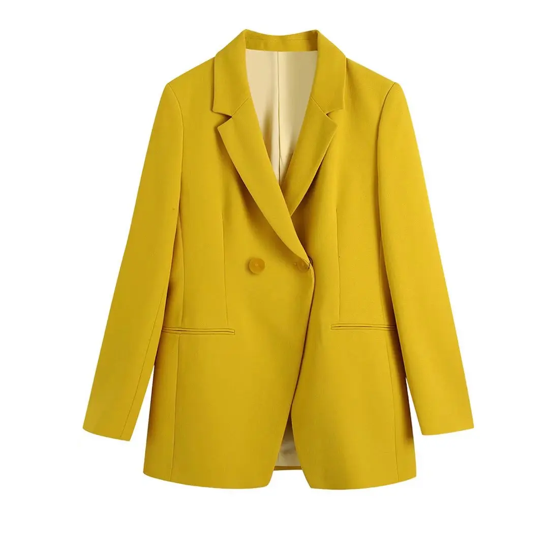 KEYANKETIAN ZA Yellow Double Breasted Blazer Women&#39;s Office Jacket Long Sleeve W - £149.50 GBP