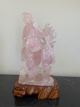 Vintage Chinese Hand Carved Rose Quartz Figurine Wood Base - £310.72 GBP
