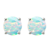 Simulated Fire Opal Solitaire Stud Earrings in 14K White Gold Plated Silver - £36.78 GBP