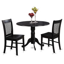 3Pc Dinette Set Round 42" Kitchen Drop-Leaf Table + 2 Wood Seat Chairs In Black - £456.34 GBP