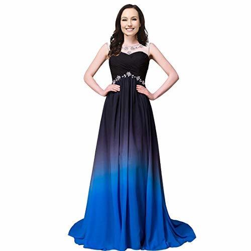 Kivary Sheer Bateau Beaded Long Ombre Chiffon Formal Prom Evening Dress Black Bl
