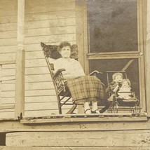 Found B&amp;W Photo Woman On Porch In Rocking Chair With Baby Dolls In Stroller - $10.00