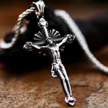 Stainless Steel Vintage Jesus Christ Crucifix Cross Pendant Necklace For Men 24&quot; - £8.67 GBP