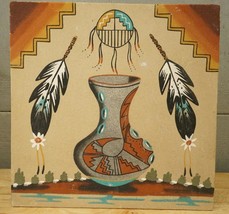 VINTAGE Native Art Navajo Dry Sand Painting  Pottery &amp; Feathers Wenona Watchmoon - $98.99