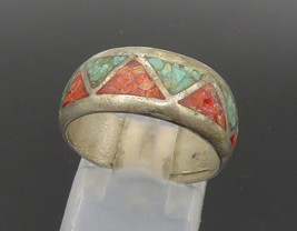 SOUTHWESTERN 925 Silver - Vintage Turquoise &amp; Coral Band Ring Sz 6 - RG23097 - £45.26 GBP