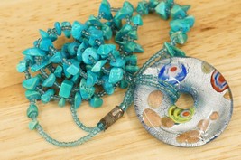 Studio Art Artisan Dichroic Glass Pendant Faux Turquoise Stone Necklace 18&quot; - $24.74