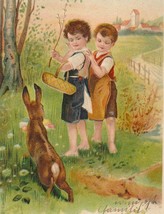 Boys With Basket Watching a Brown Rabbit Antique UDB Easter Postcard - £8.97 GBP