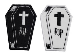 Coffin Embroidered Applique Iron On Patch 2.2&quot; x 3&quot; RIP Cross Halloween Trick Or - £4.21 GBP