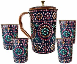 Pure Copper one Jug with Four Glass Drink ware Set Hand Painted Outer side - £54.37 GBP