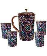 Pure Copper one Jug with Four Glass Drink ware Set Hand Painted Outer side - £53.53 GBP