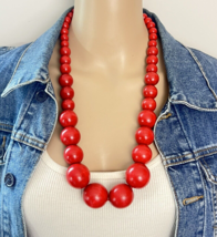 Vintage Chunky Red Wooden Bead Necklace - $17.82