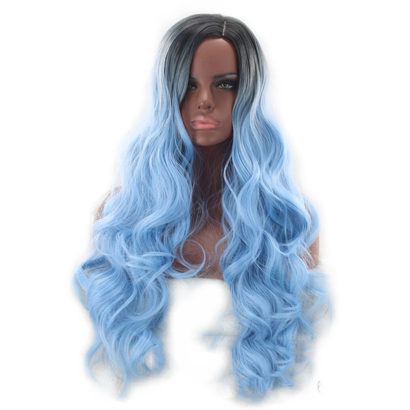 Primary image for Heat Resistant Synthetic Hair None Lace Wigs Ombre Black to Blue Body Wave 24inc