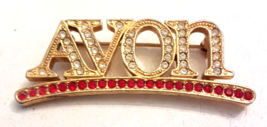 VTG Avon Logo BROOCH Gold Tone Representative Award Pin Red &amp; Crystal Rhinestone - £15.74 GBP