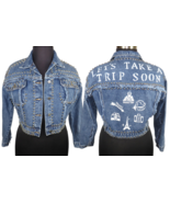 Women&#39;s Custom Denim Jacket Studded Travel Art Size Petite M - £77.21 GBP