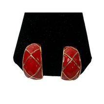 Christmas Valentines Red Gold Criss Cross Enamel Hoop Clip Earrings 80&#39;s... - $14.00