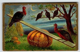 Thanksgiving Day Greetings Postcard Turkeys Haunted Crescent Moon See-Saw 1910 - £27.54 GBP