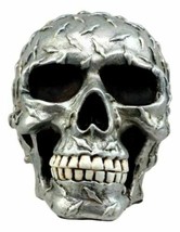 Metallic Finish Diamond Plate Skull Figurine 4.5&quot;L Resin Cranium Ghost Statue - £18.08 GBP