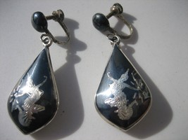 Vtg Siam Black Enamel Niello Dancer Sterling Silver Screw Back Earrings 1.75 in - £17.74 GBP