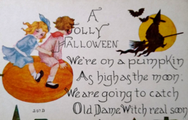 Halloween Postcard Children Flying On Pumpkin Air Craft Witch Moon 207 FA Owen - £29.97 GBP