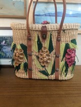 Vintage Straw Tote Woven Bag Beach raffia Purse Large floral 70s Palm Royale - £37.77 GBP