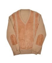 Vintage Grandpa Sweater Mens M Brown Suede Leather Wool Blend V Neck Jumper - $37.67